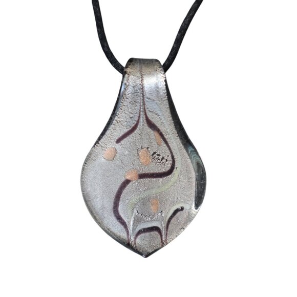 Glass Pendant Necklace With Abstract Design On Black Cord - Picture 2 of 5